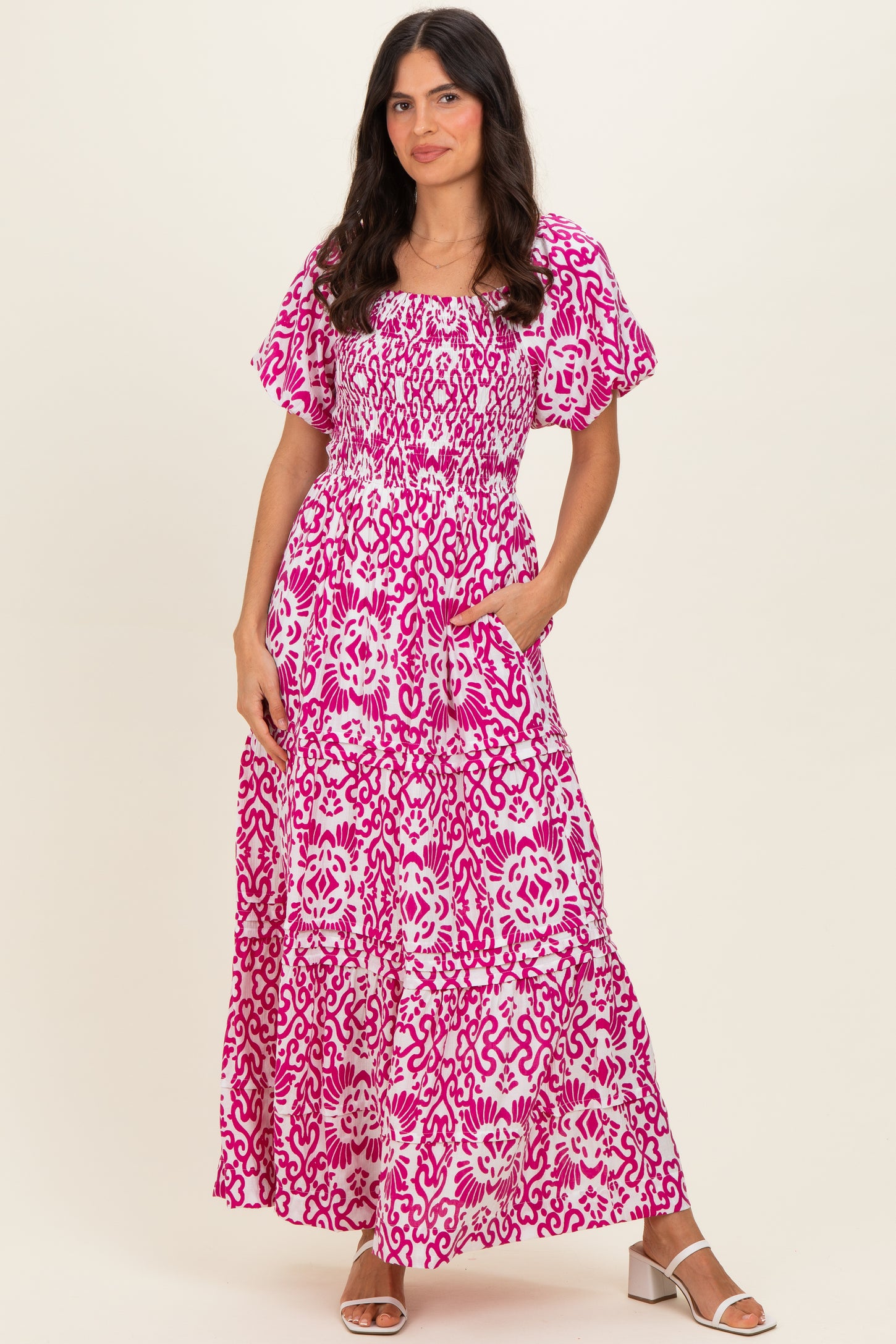 Fuchsia Printed Puff Sleeve Smocked Maternity Maxi Dress
