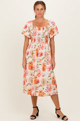 Rose Floral Smocked Puff Sleeve Midi Dress