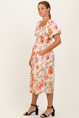 Rose Floral Smocked Puff Sleeve Midi Dress