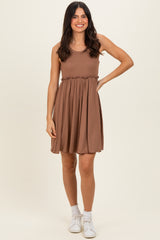 Mocha Ribbed Sleeveless Lettuce Trim Maternity Mini Dress