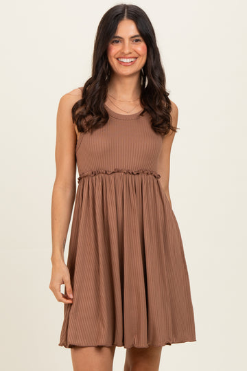 Mocha Ribbed Sleeveless Lettuce Trim Mini Dress