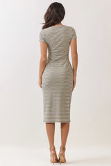 Faded Olive Striped Henley Midi Dress