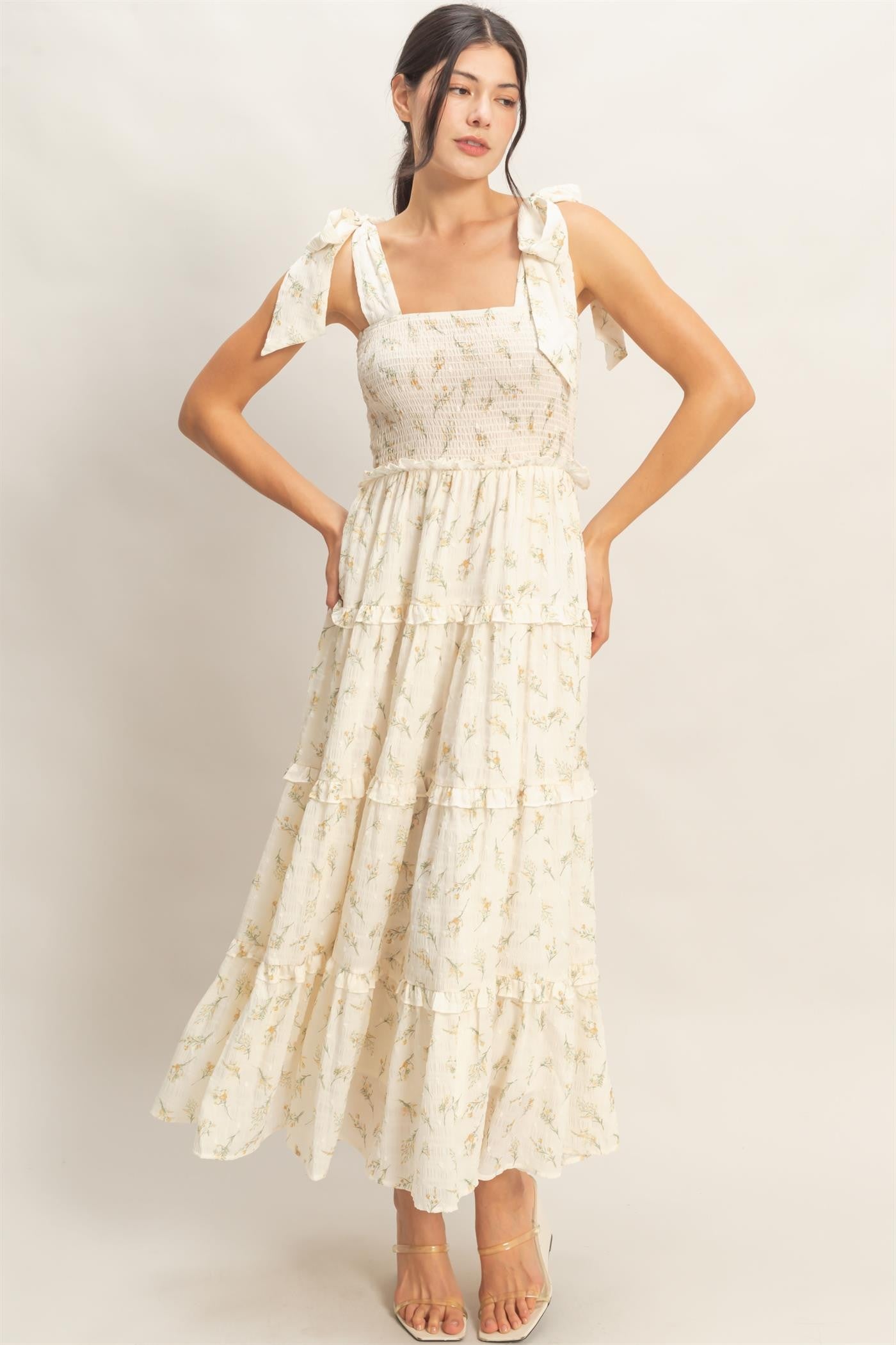Yellow Floral Smocked Tiered Maternity Maxi Dress