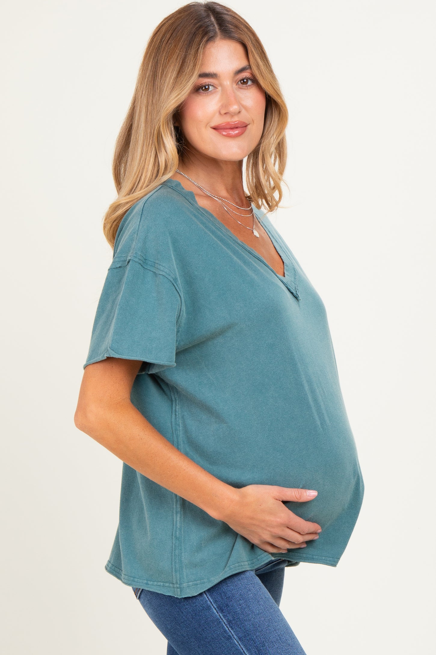 Teal Washed V-Neck Oversized Maternity Tee