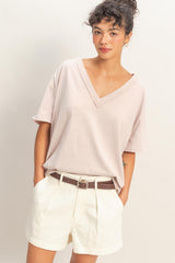 Beige Washed V-Neck Oversized Maternity Tee