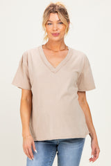 Beige Washed V-Neck Oversized Maternity Tee