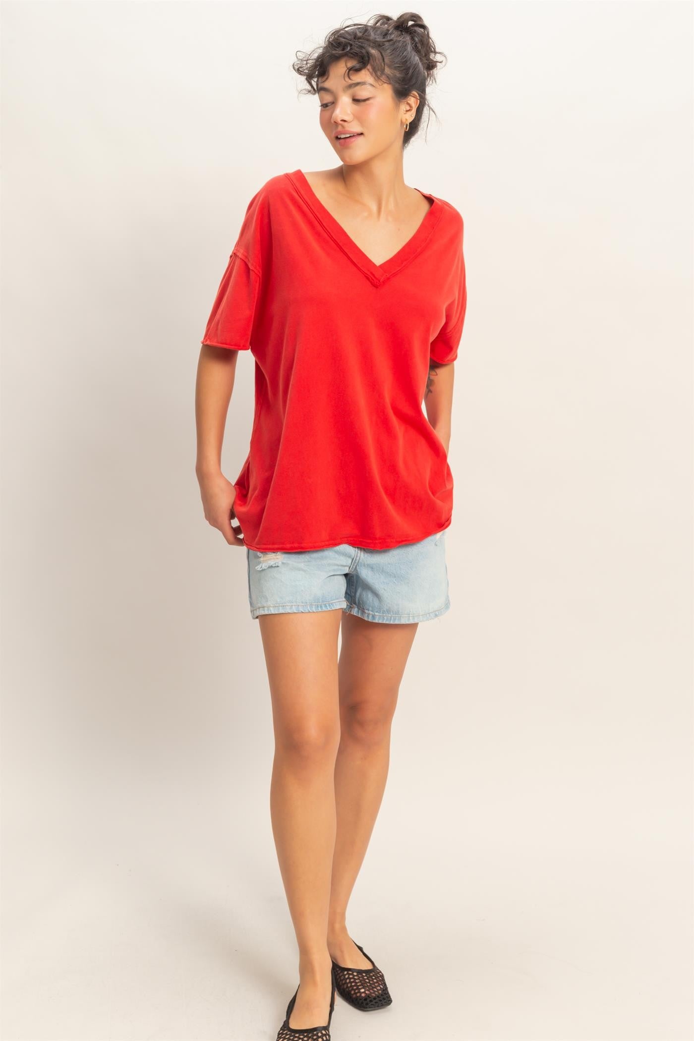 Red Washed V-Neck Oversized Maternity Tee