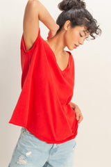 Red Washed V-Neck Oversized Tee