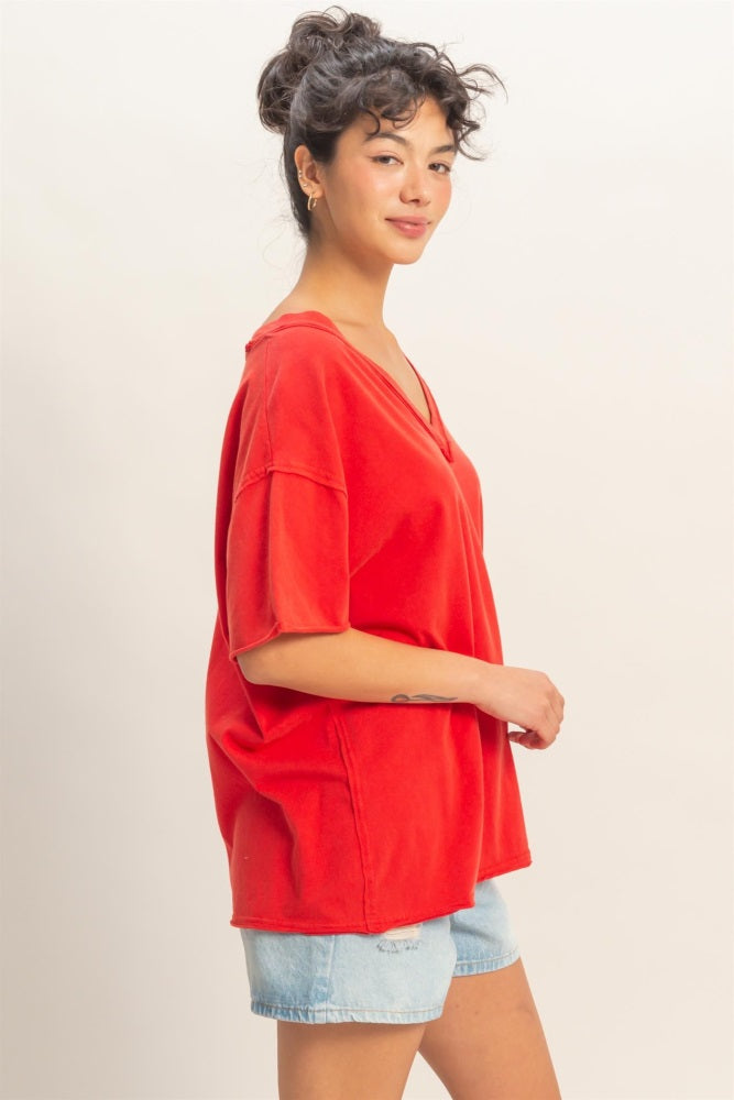 Red Washed V-Neck Oversized Tee