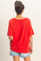 Red Washed V-Neck Oversized Tee