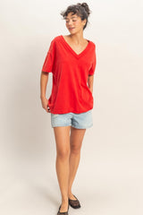 Red Washed V-Neck Oversized Tee