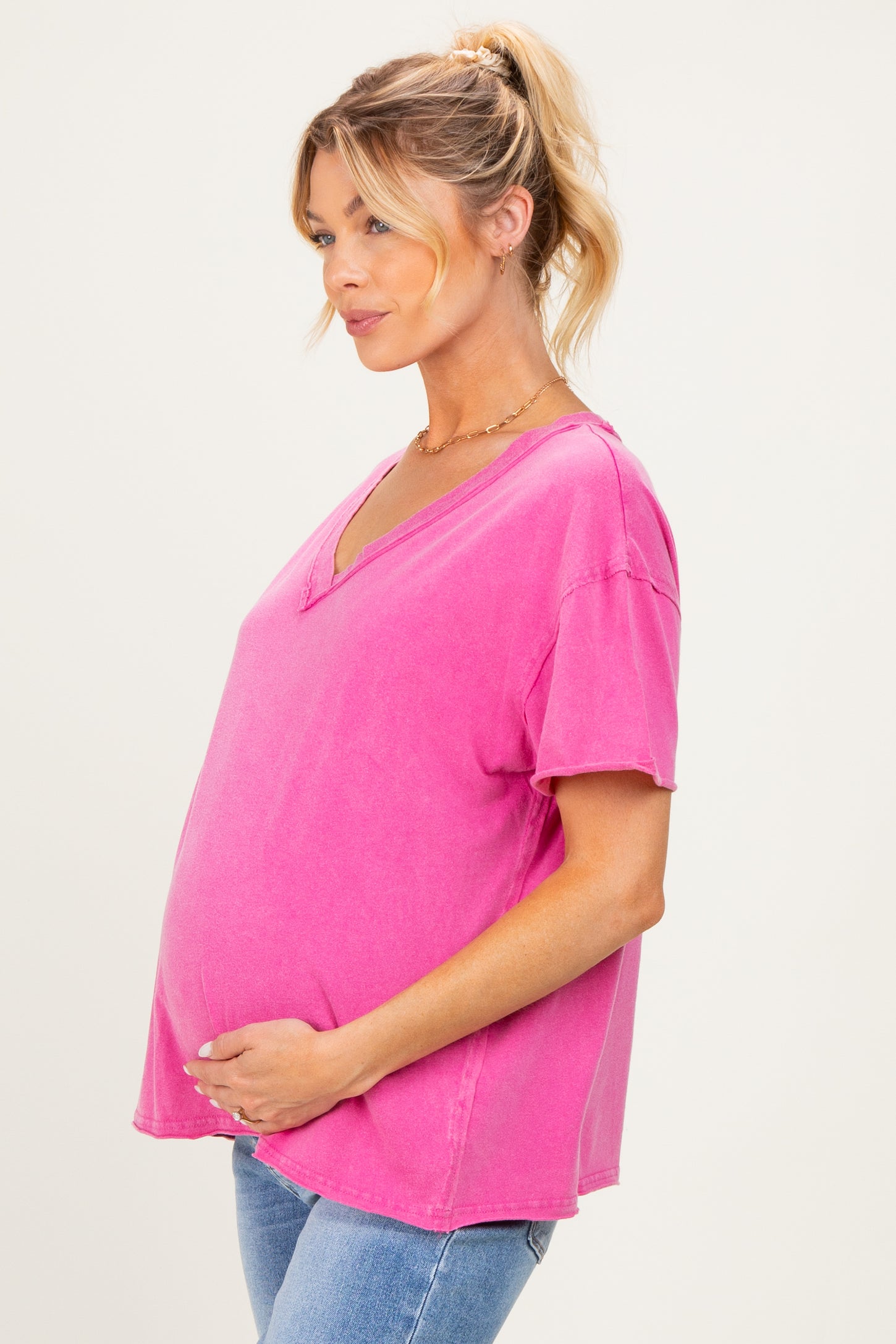 Fuchsia Washed V-Neck Oversized Maternity Tee