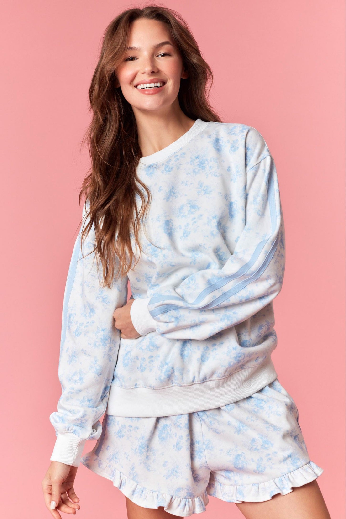 Light Blue Floral French Terry Maternity Sweatshirt