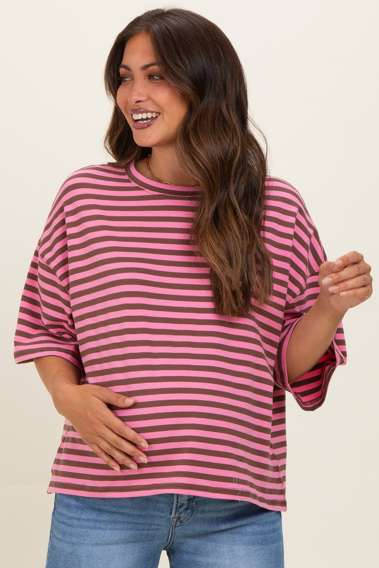 Chocolate Oversized Striped Maternity Boyfriend Tee