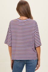 woman wearing a brown and lavender striped maternity top with short sleeves and a loose fit, showing her back