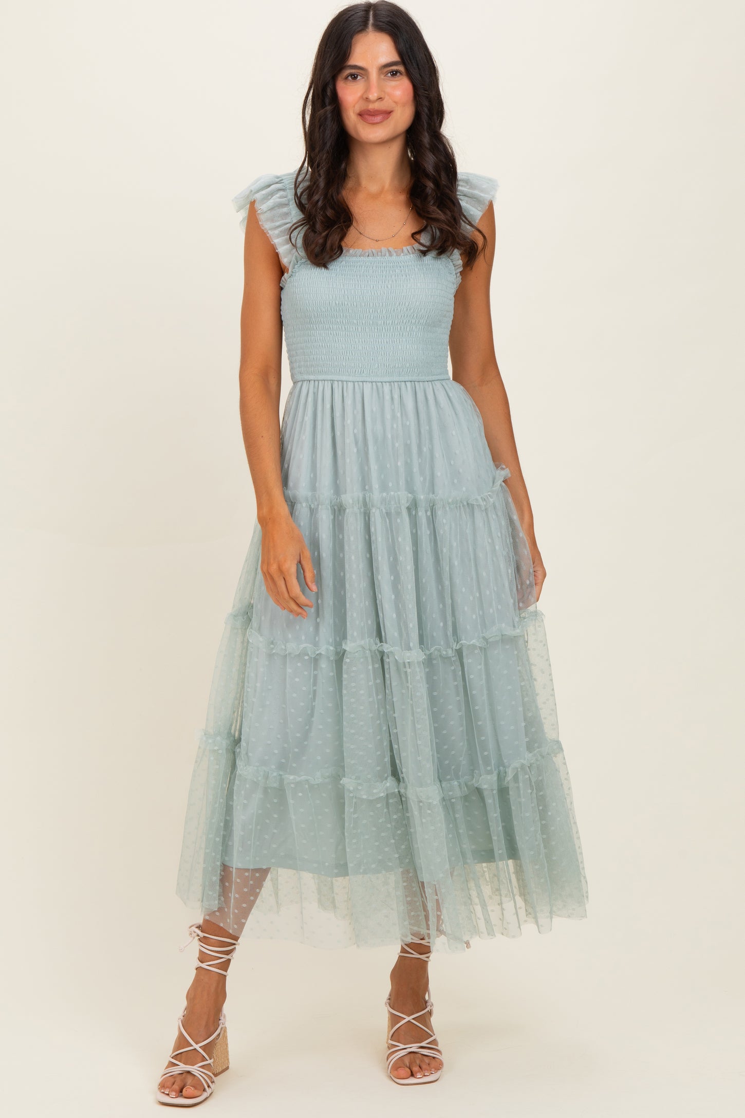 Sage Smocked Polka Dot Tulle Maternity Midi Dress