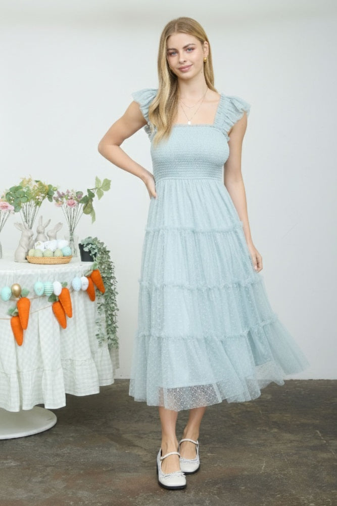 Sage Smocked Polka Dot Tulle Midi Dress