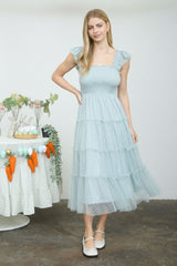 Sage Smocked Polka Dot Tulle Midi Dress