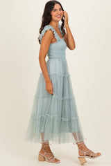 Sage Smocked Polka Dot Tulle Midi Dress