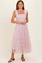 Light Pink Smocked Polka Dot Tulle Maternity Midi Dress
