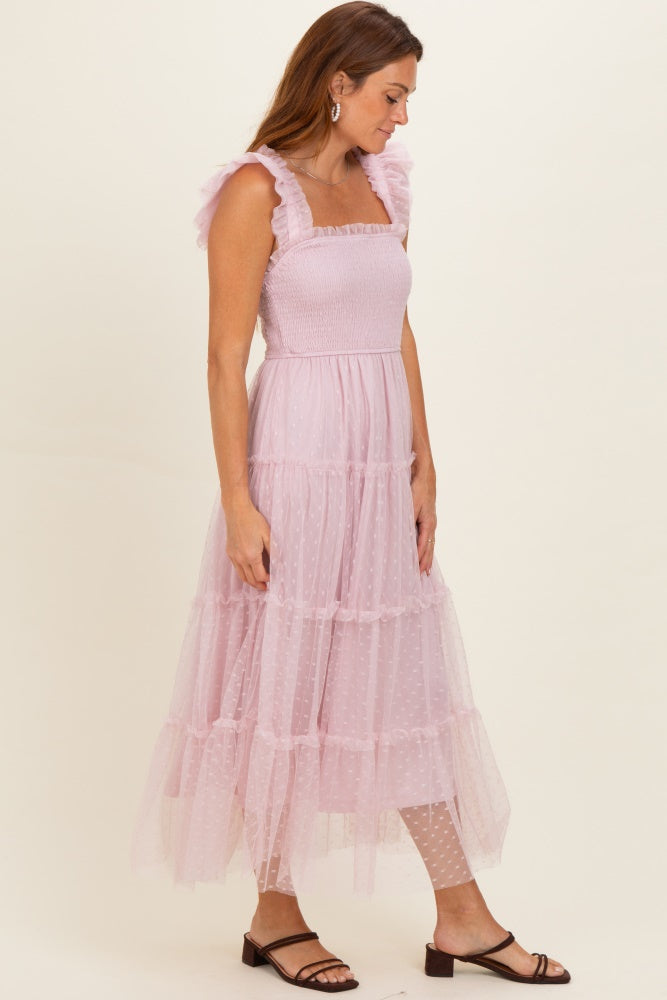 Light Pink Smocked Polka Dot Tulle Midi Dress