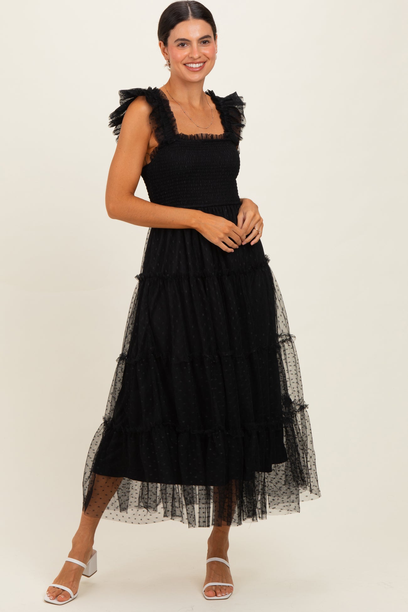 Black Smocked Polka Dot Tulle Maternity Midi Dress