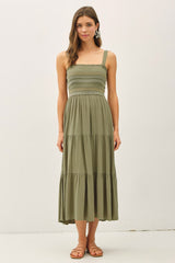 Olive Embroidered Smocked Maternity Midi Dress