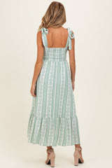 Sage Floral Stripe Smocked Shoulder Tie Maternity Midi Dress