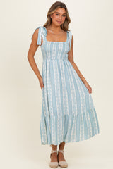 Sky Floral Stripe Smocked Shoulder Tie Maternity Midi Dress