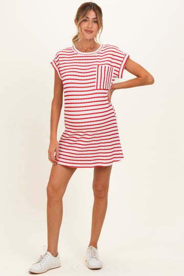 Red Textured Stripe Knit Maternity T-Shirt Dress