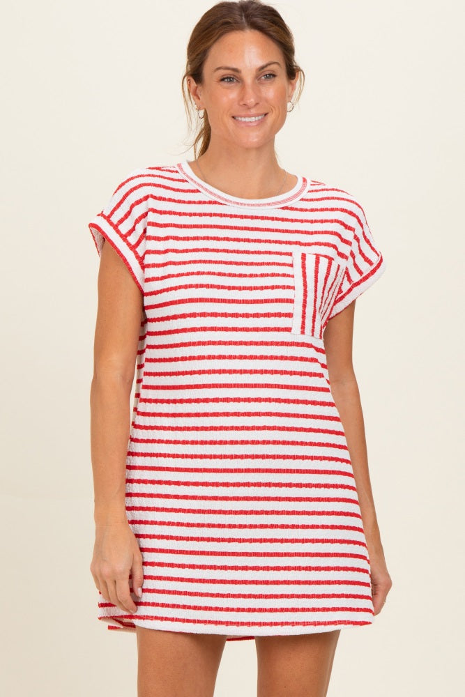 Red Textured Stripe Knit T-Shirt Dress