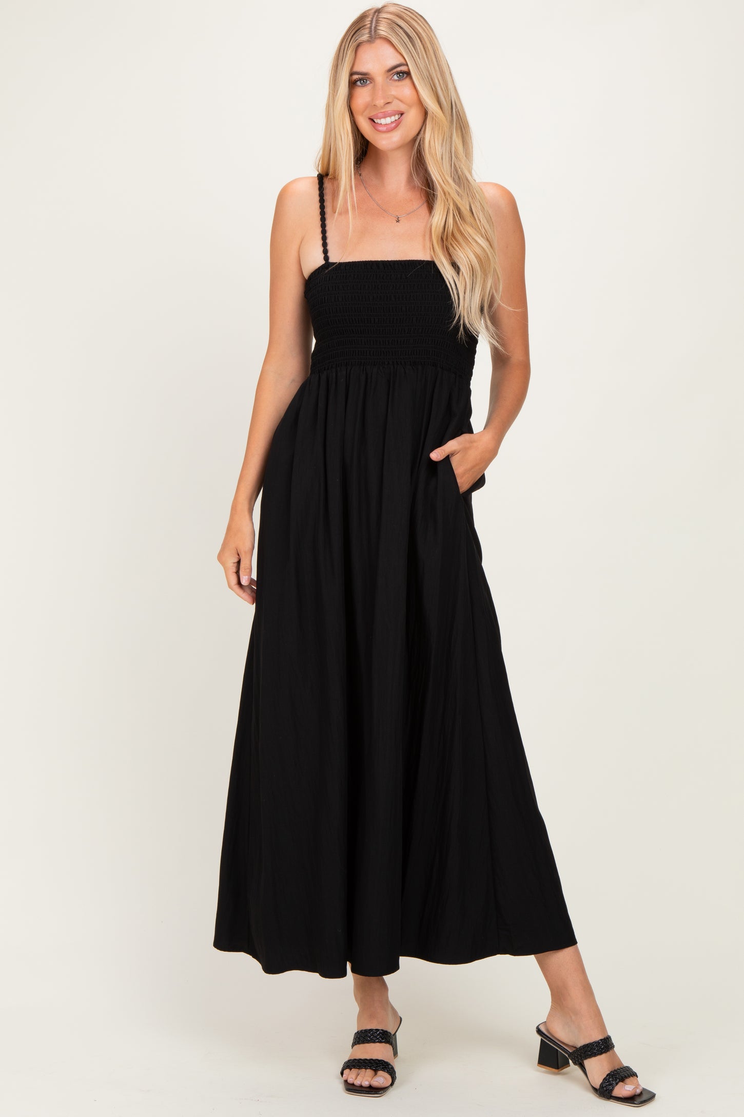 Black Pom Pom Strap Smocked Maternity Maxi Dress