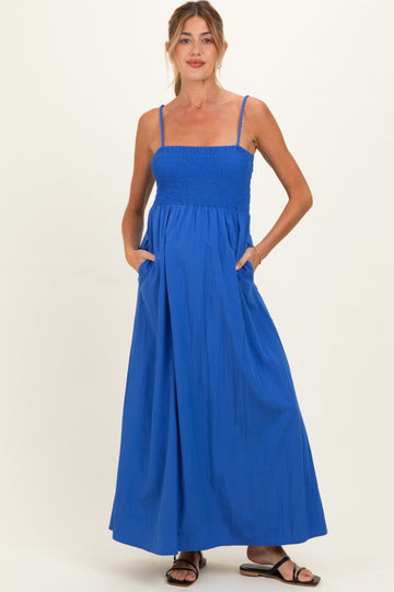 Capri Blue Pom Pom Strap Smocked Maternity Maxi Dress