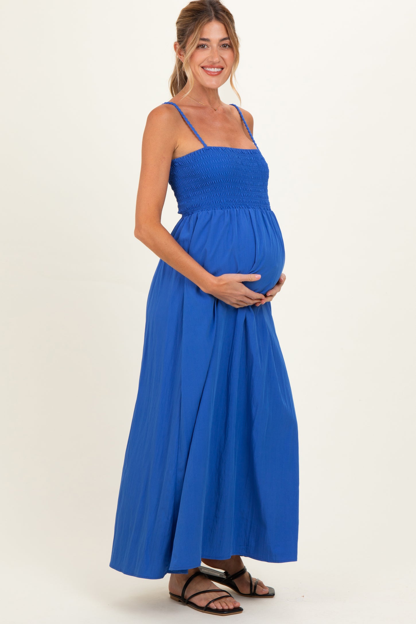 Capri Blue Pom Pom Strap Smocked Maternity Maxi Dress