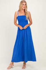 Capri Blue Pom Pom Strap Smocked Maternity Maxi Dress