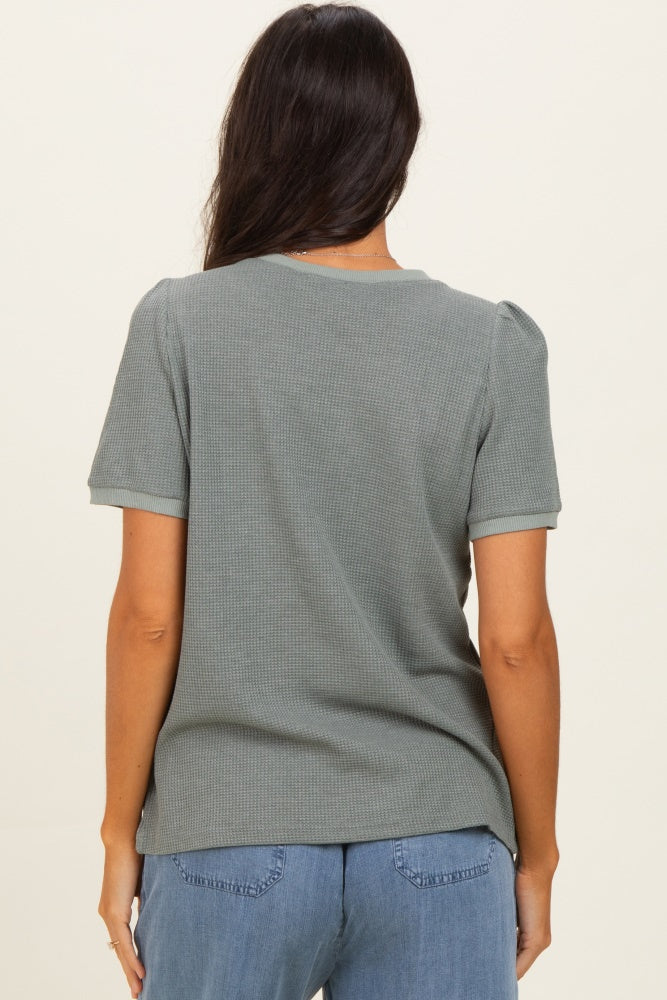 Olive Waffle Knit Lace-Up Top