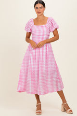 Pink Gingham Puff Sleeve Maternity Midi Dress