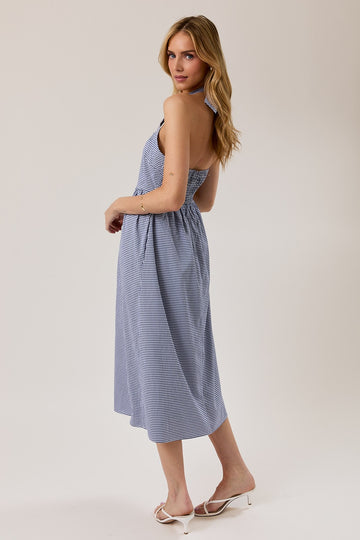 Navy Gingham Halter Neck Midi Dress