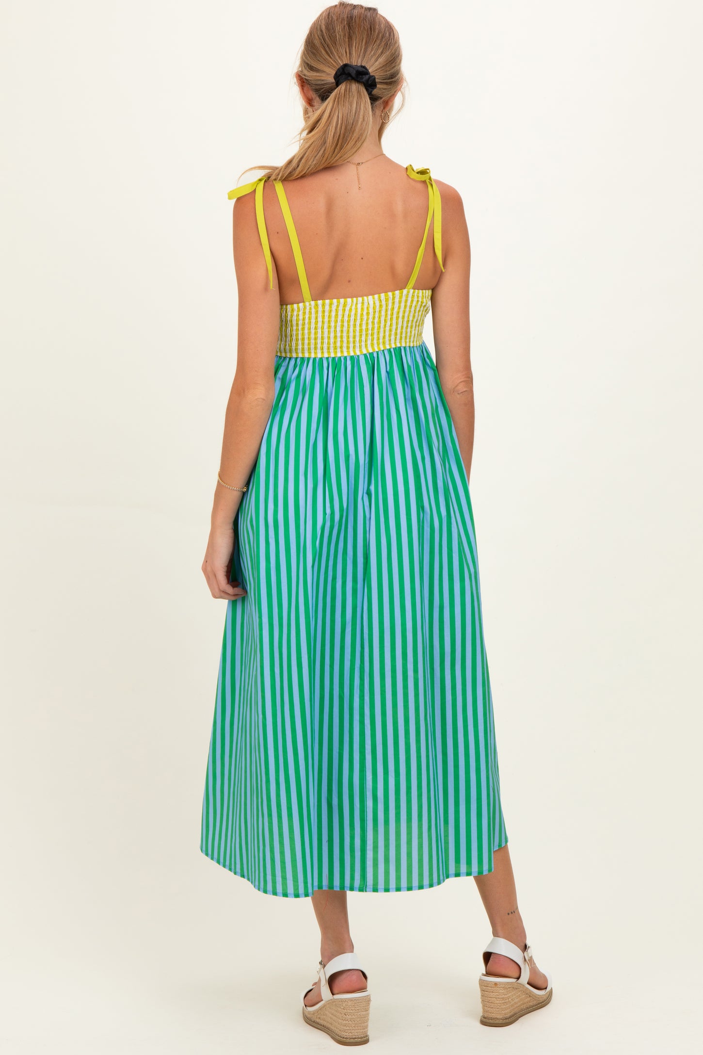 Kiwi Striped Colorblock Scallop Detail Maternity Midi Dress