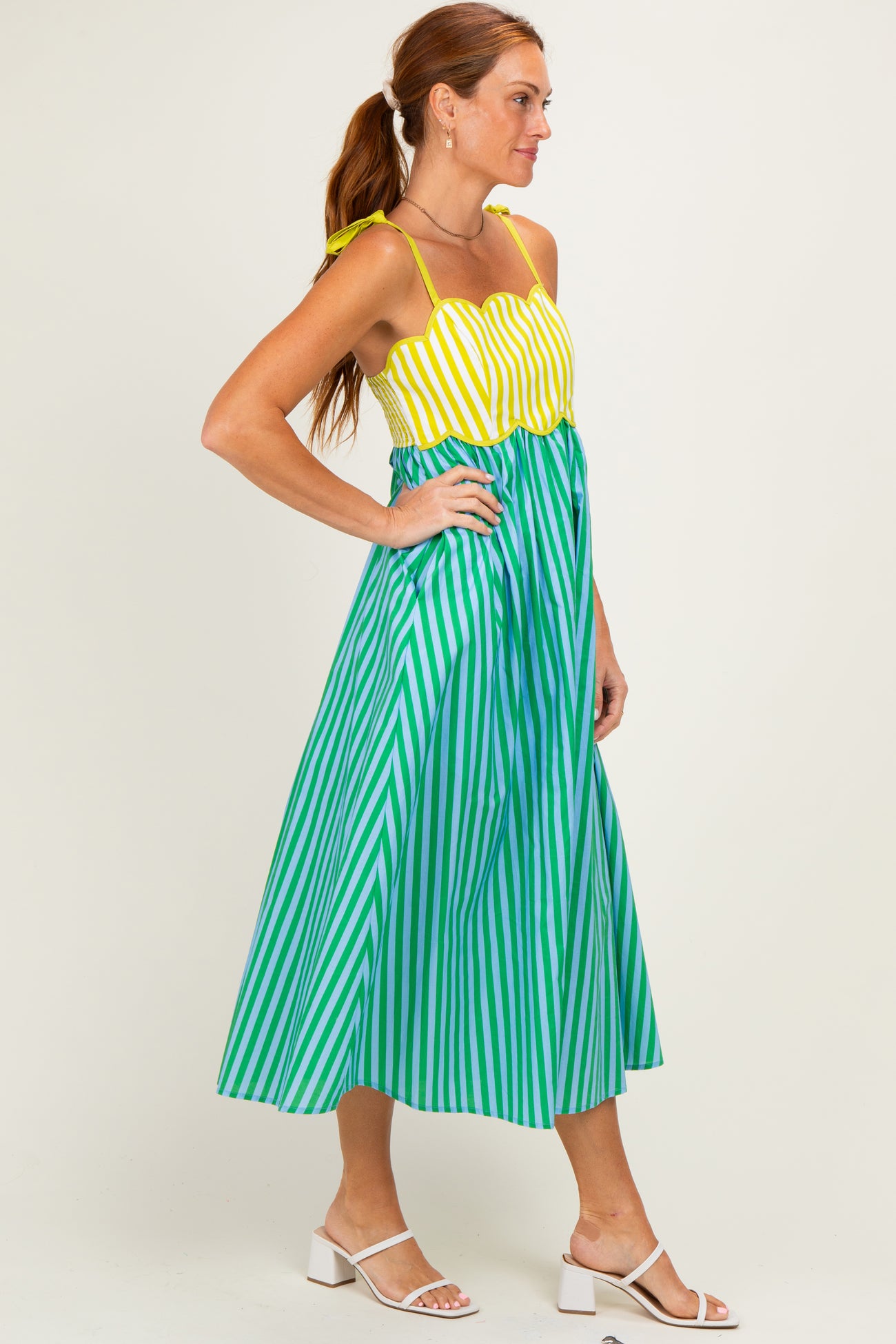 Kiwi Striped Colorblock Scallop Detail Midi Dress
