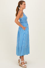 Blue Striped Smocked Midi Dress