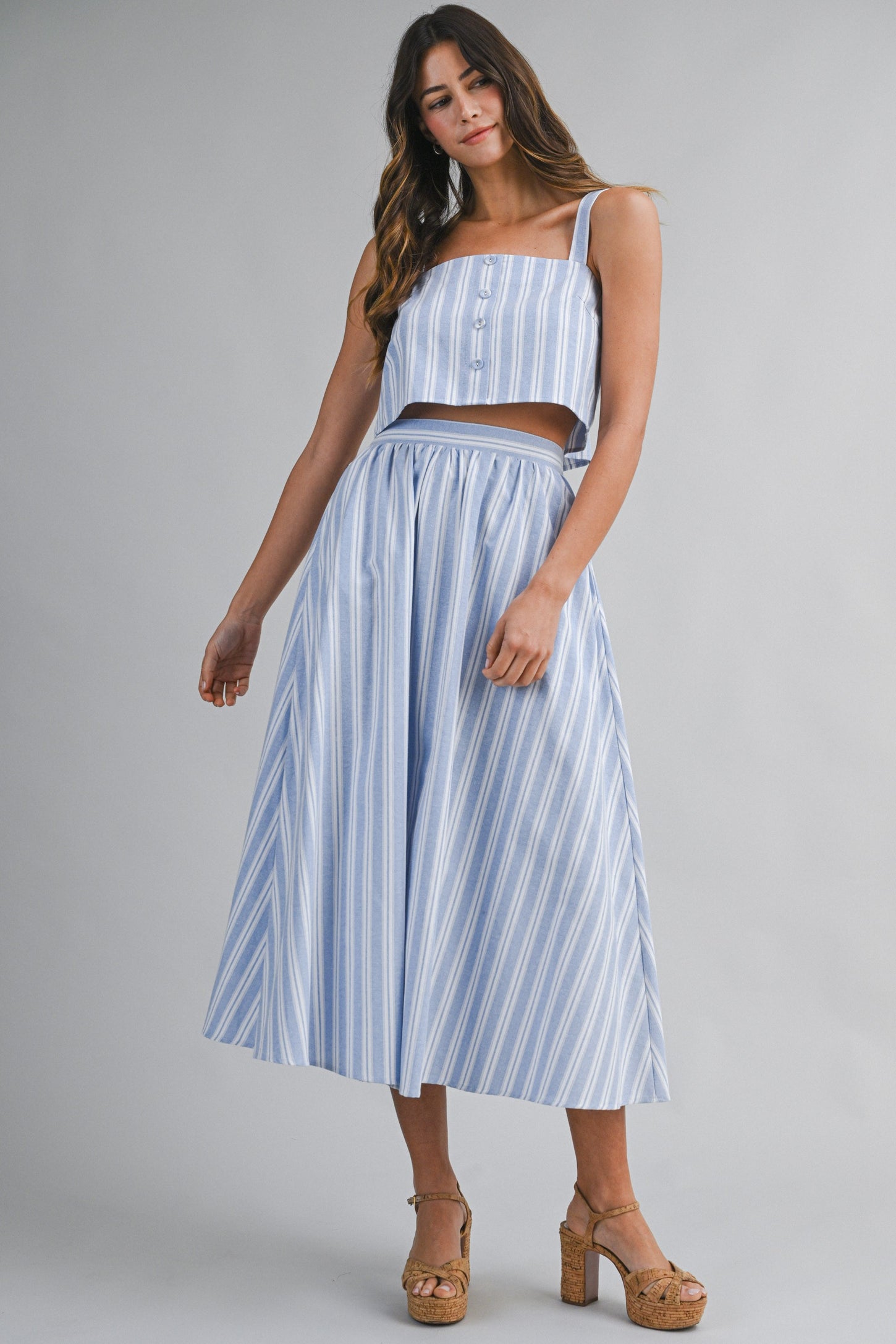 Blue Striped Crop Tank Midi Skirt Maternity Set