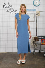 Blue Side Slit Maternity Midi T-Shirt Dress