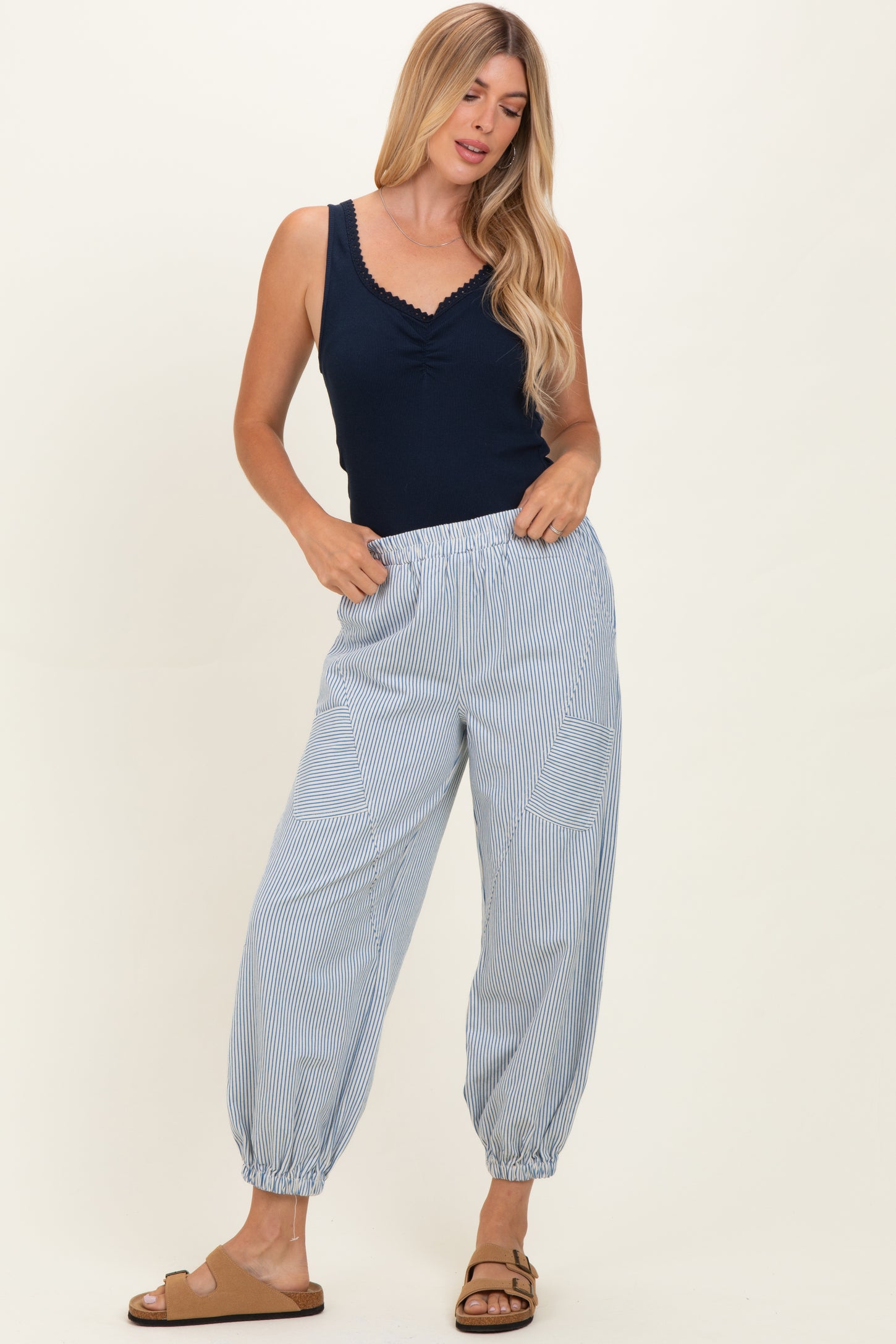 Blue Striped Patch Pocket Maternity Pants