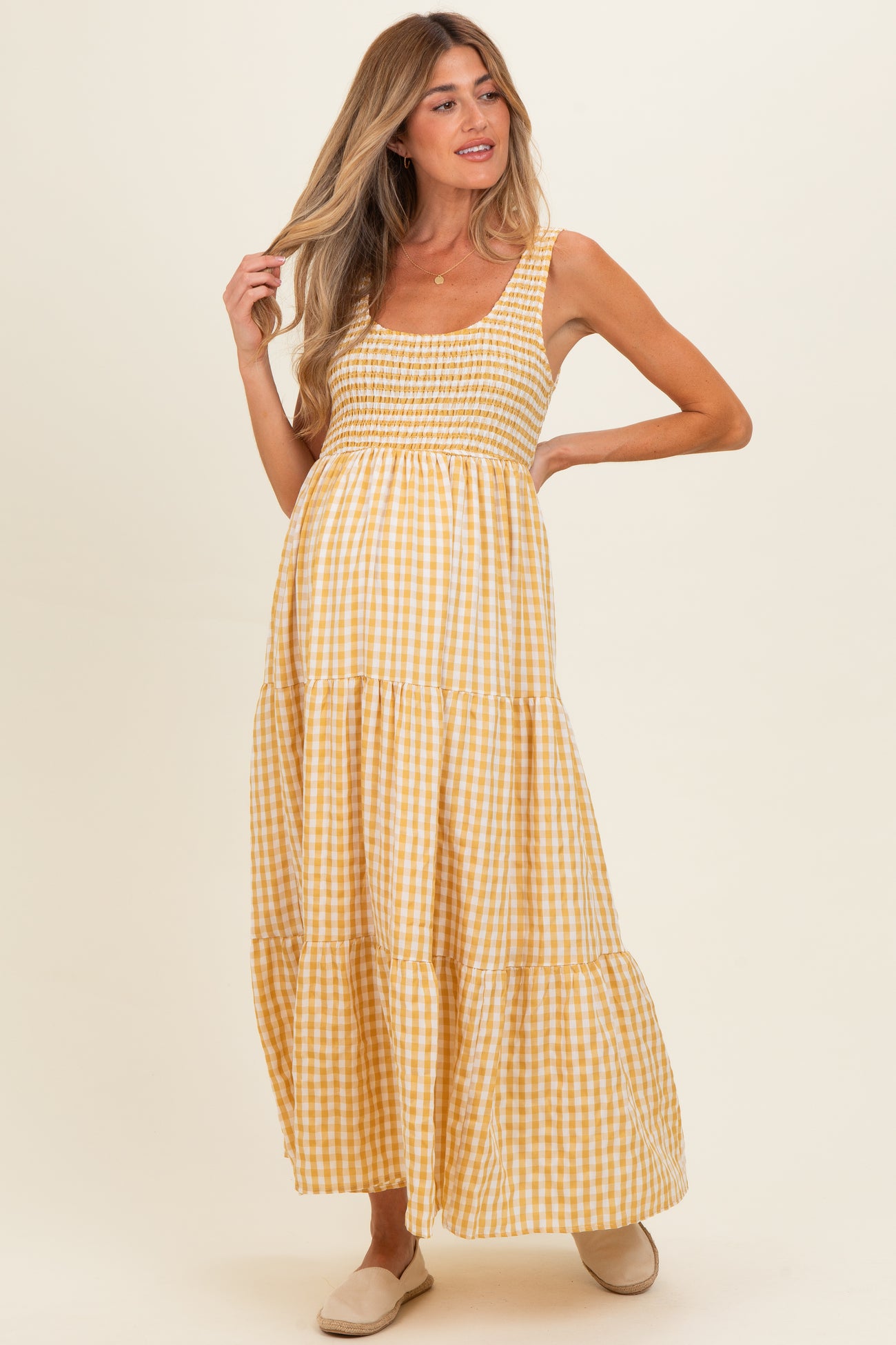 Yellow Gingham Sleeveless Tiered Maternity Maxi Dress