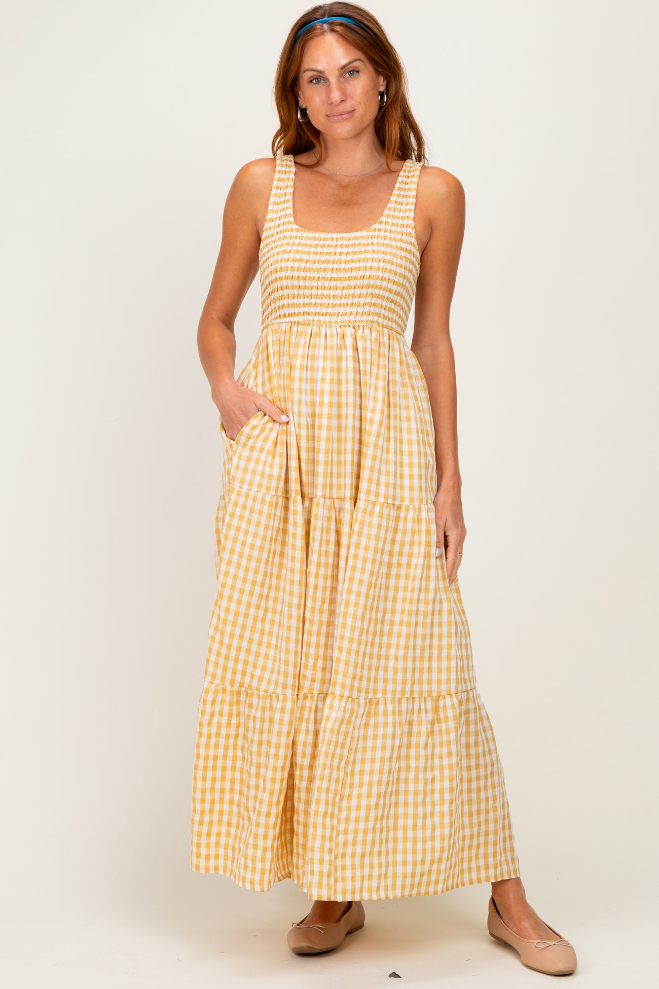 Yellow Gingham Sleeveless Tiered Maternity Maxi Dress