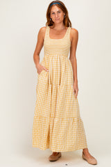 Yellow Gingham Sleeveless Tiered Maternity Maxi Dress
