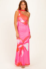 woman wearing a pink floral one-shoulder maxi dress with a fitted silhouette and choker detail