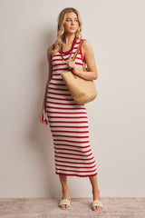 Red Striped Crochet Knit Maternity Midi Dress