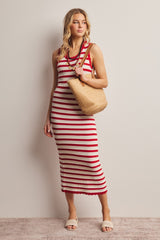 Red Striped Crochet Knit Maternity Midi Dress